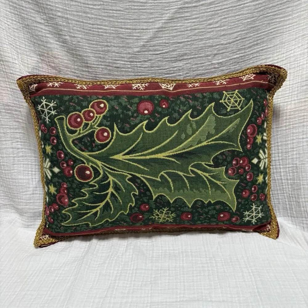Christmas Tapestry Pillow: Holly Berry Leaf Velvet Accent Pillow (16x12)